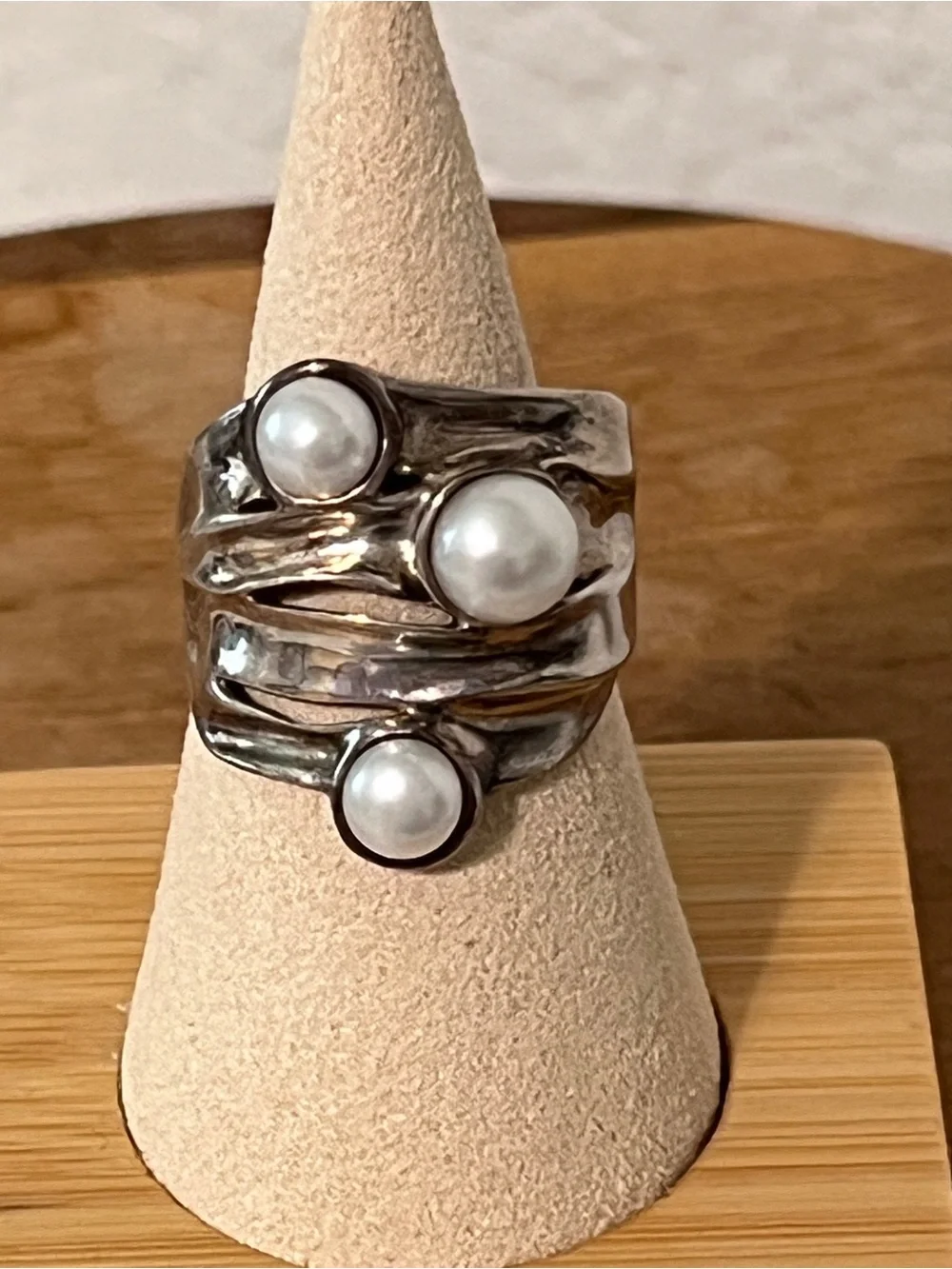 Hagit Gorali Israel 925 Sterling Silver Pearl Wide Band Vines Ring Size 10